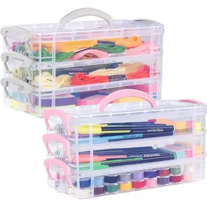 Clear Plastic Pencil Box 2 x 3 Tier Stackable Table Pen Box Home Storage Container with Handle Storage Bins with Lids Pencil Case Stationery Organizer Office Supplies Craft Organization
