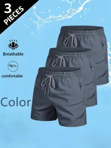 Three-Piece Summer Men's Casual Shorts, Beach Pants with Drawstring Waist, Zip Pockets, Lightweight Breathable, Outdoor Leisure