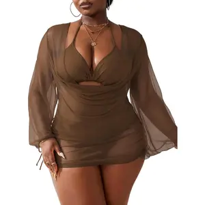 Women's Plus Size 3 Piece Swimsuits Halter Triangle Bikini Set with Drawstring Semi Sheer Cover Up Bathing Suit