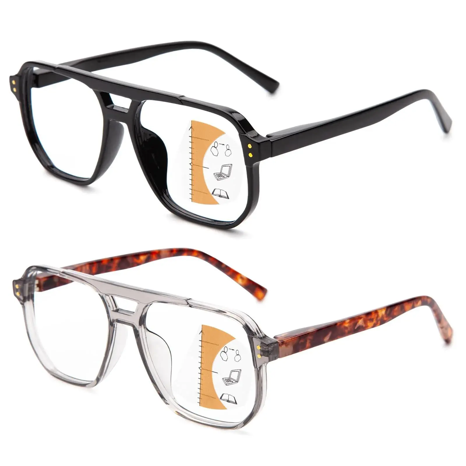 Unisex 2-Pack Progressive Multifocal Glasses, Oversize XL Half-Rim No-Line Mid-Near Vision Readers, Flexible Footwire, Swing Frame, Spring Hinges