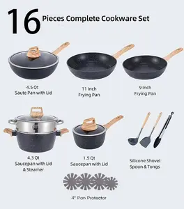 Nonstick Granite Cookware black Sets 16 Pcs Stone Cookware Set,non stick frying pan set , pots and pans set ( Granite, induction cookware)& 4*Pan Protector
