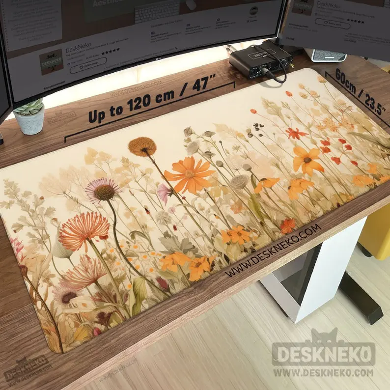 Floral Desk Mat Mouse Pad, Extra large Mousepad xxl, Nature plants flowers, Cottagecore earthy beige orange deskmat, Cute office accessory, Desk Mat Gifts