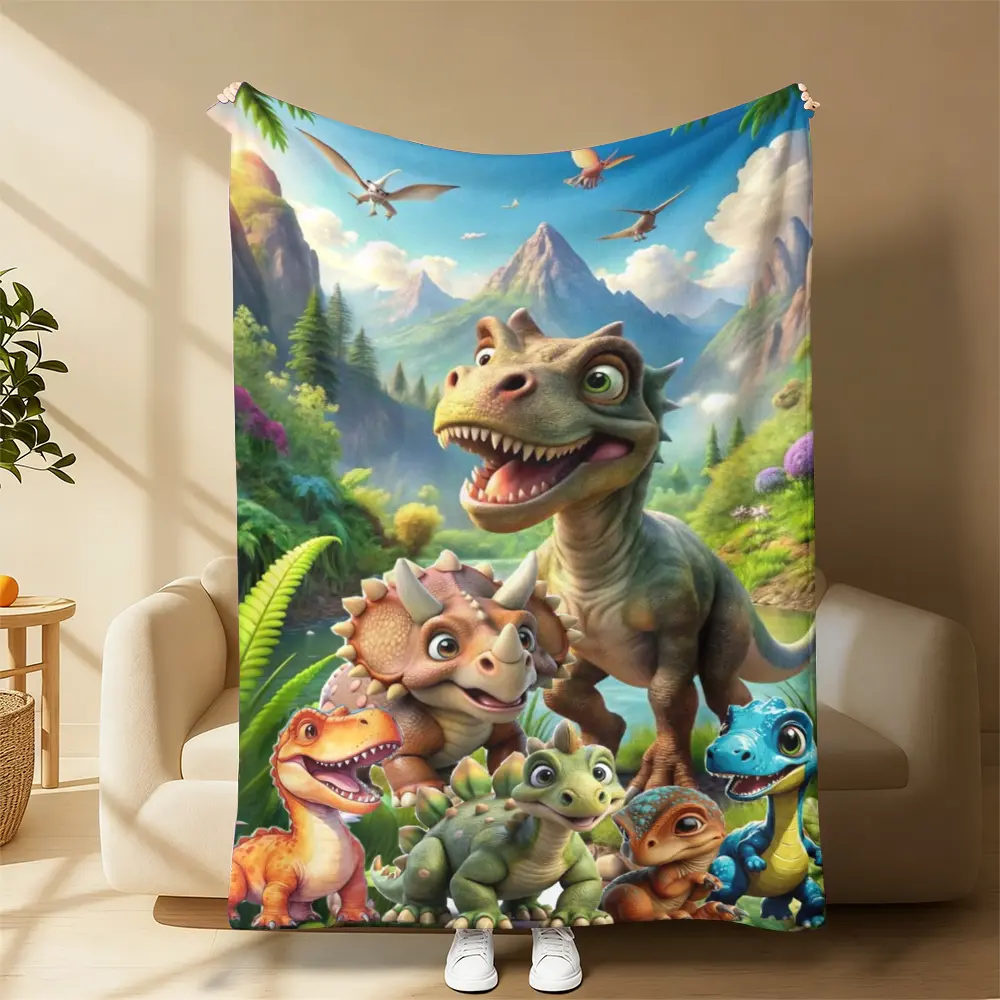 Cute Cartoon Dinosaur Group Throw Blanket - T-Rex, Triceratops, Vivid Landscape Print - Soft Flannel Fleece, Gentle Touch, Contemporary Whimsical Room Decor House Decor - Gift for Dinosaur Enthusiasts - Bed Sofa Indoor Use, Whimsical Home Decor