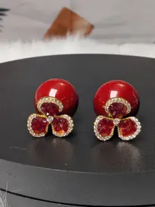 Double-Sided Red Pearl & Crystal Clover Stud Earrings for Women – Reversible Front Back Earrings with Red Gemstones, Elegant Statement Fashion Jewelry Gift