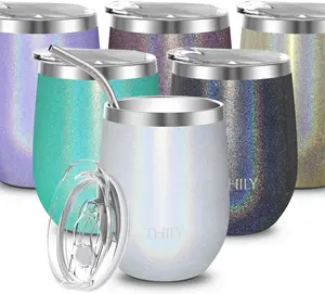 THILY 12Oz Insulated Stainless Steel Wine Tumbler with Sliding Lid & Straw - Stemless Travel Cup for Coffee, Cocktails, Beer - Cold Drinks - Glitter White