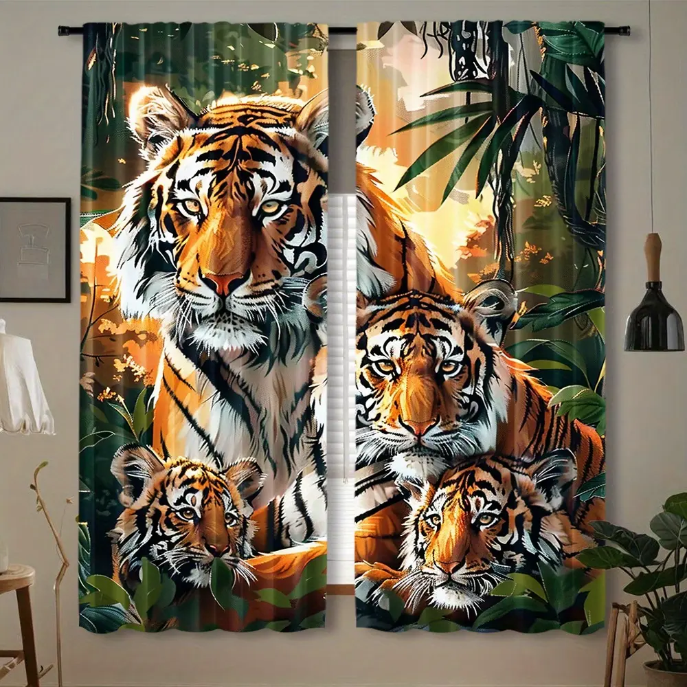 2 pieces, Tiger Print Curtains, Rod Pocket Window Decorations, Suitable for Bedroom and Living Room, Home Decoration, Room Decor