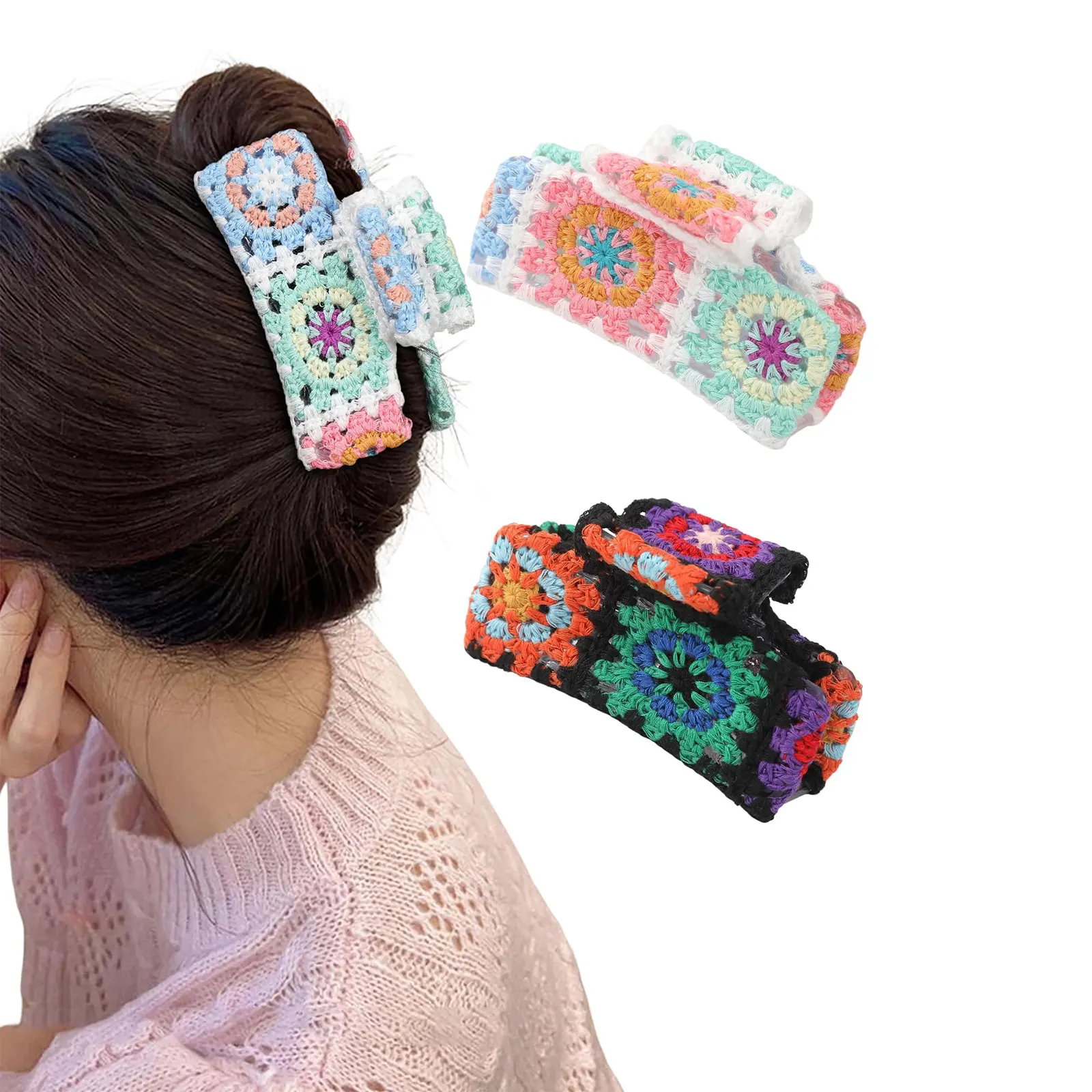 2-piece set  Large Crochet Hair Clips - Strong Hold Jaw Clips for Thick Hair, Non-Slip Knitted Flower Strawberry Hair Accessories for Women and Girls