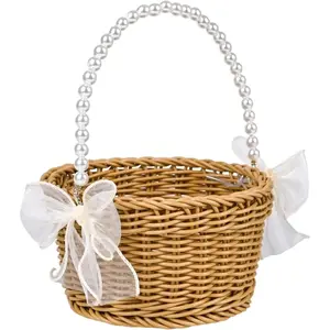 Wicker Rattan Flower Girl Basket with  Handle and Bow for Rustic Weddings, Easter, or Garden Storage