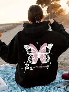 Be Yourself Butterfly Print Hoodie - Pink & Butterfly Design with Be Yourself Letters, Loose Fit Casual Pullover Polyester Fiber Material Everyday Breathable, Fabric Womenswear hoodies for women