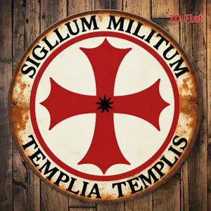 Templar Knight Vintage Round Metal Sign, Medieval Cross Design, Rustic Farmhouse Design, Waterproof Aluminum Plaque 19.79x19.79 Cm, Vintage Plaque Decoration, Home Bar Coffee Shop Office Wall Decor