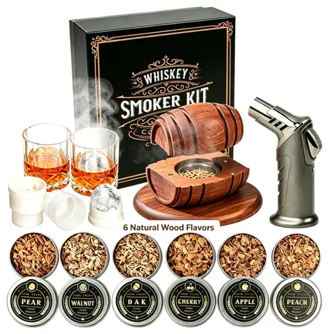 Whiskey Cocktail Smoker Kit - Durable Bar Set with 6-Flavor Wooden Chips, Metal Drink Infuser, 2-Glass Set, Ice Ball Molds, Torch-Ignite Fast, Easy for Beginners, Ideal for Home Bars, Old Fashioned Drinks, Christmas/Anniversaries Dad Gifts