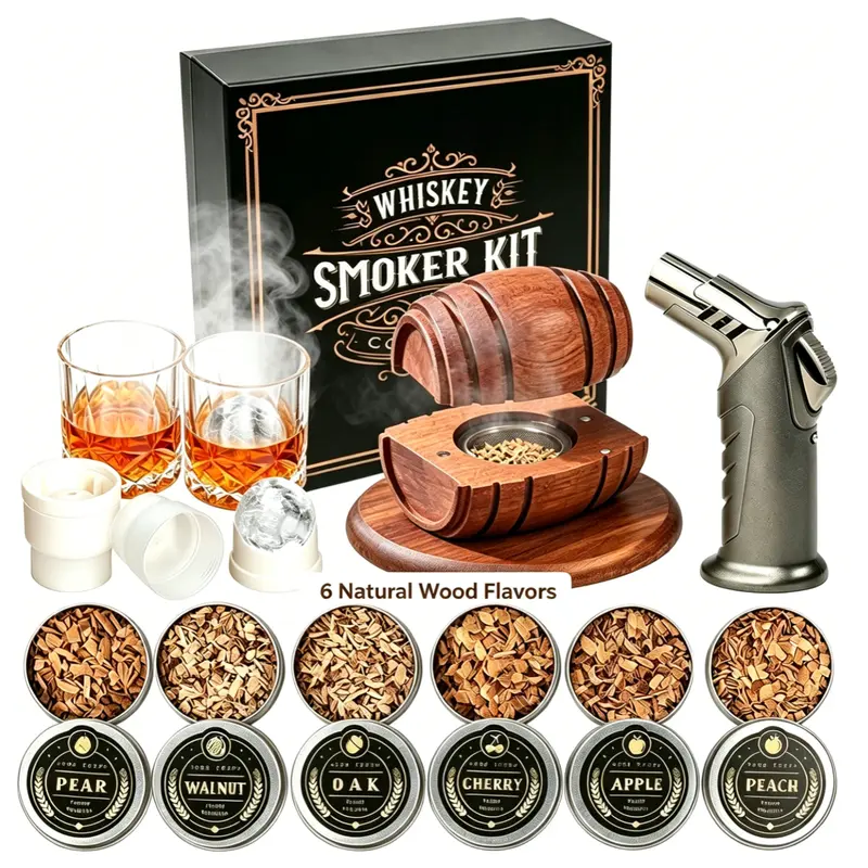 Whiskey Cocktail Smoker Kit - Durable Bar Set with 6-Flavor Wooden Chips, Metal Drink Infuser, 2-Glass Set, Ice Ball Molds, Torch-Ignite Fast, Easy for Beginners, Ideal for Home Bars, Old Fashioned Drinks, Christmas/Anniversaries Dad Gifts