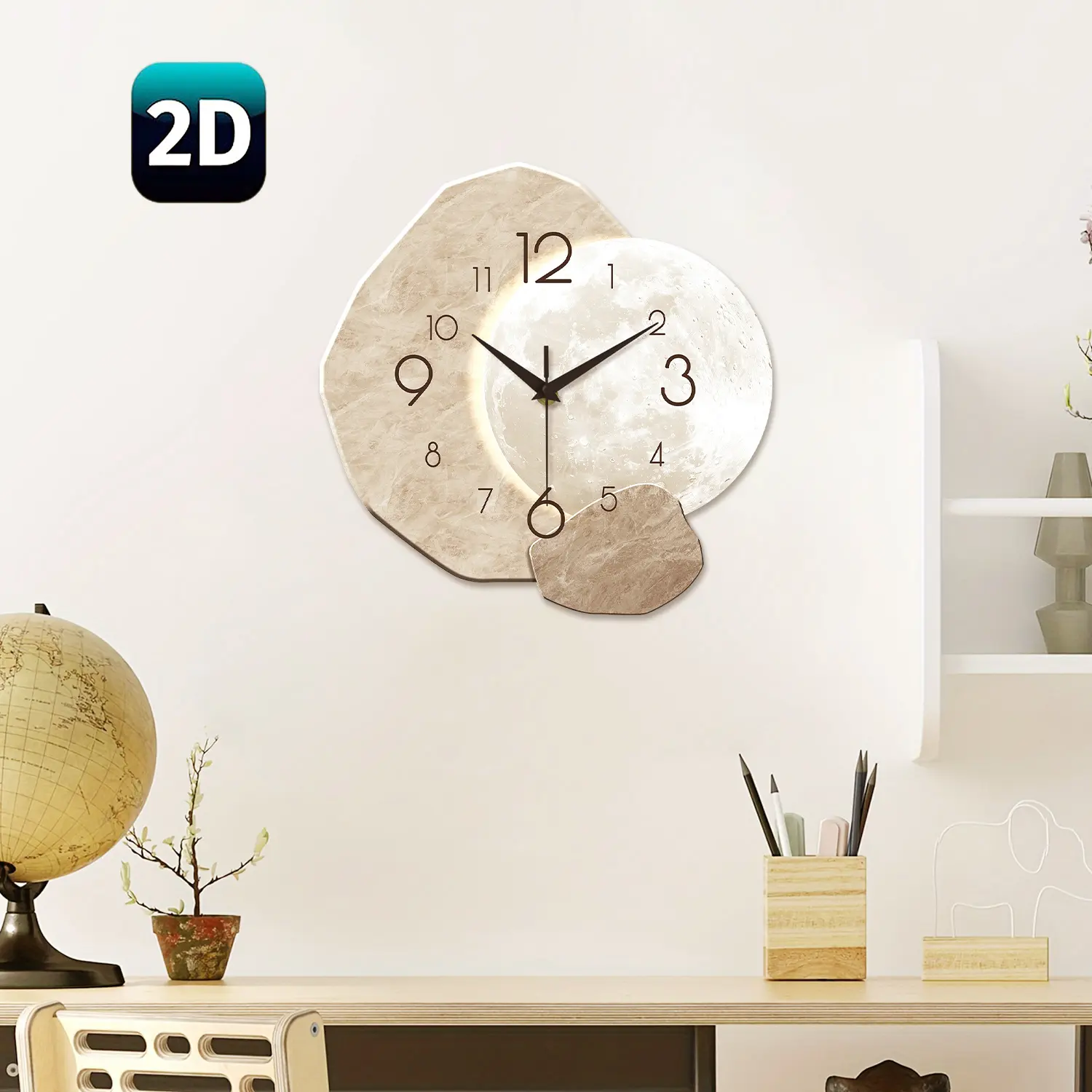 ConstantPlanet modern irregular wooden large wall clock, 12–16 inches silent analog quartz battery-powered clock, suitable for living room, bedroom, office decor—an ideal holiday gift (flat design, no lighting). Minimalist industrial-style decor