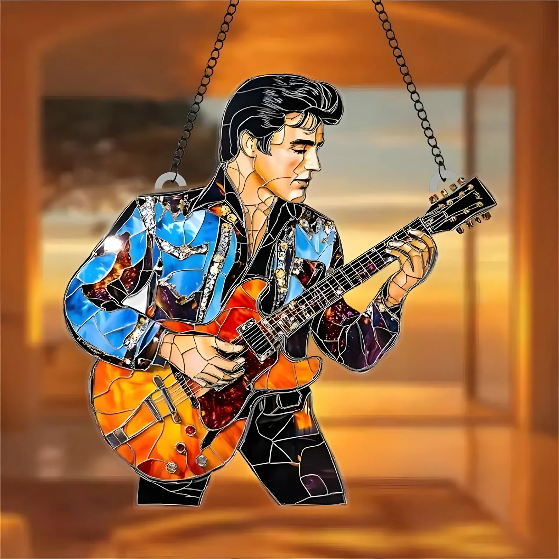 Elvis Presley Playing Guitar Acrylic Suncatcher Ornament - Faux Stained Glass Style Hangable Minimalist Home Decor, Rock 'n' Roll Music Lover Room Decor Gift, Light, Glossy
