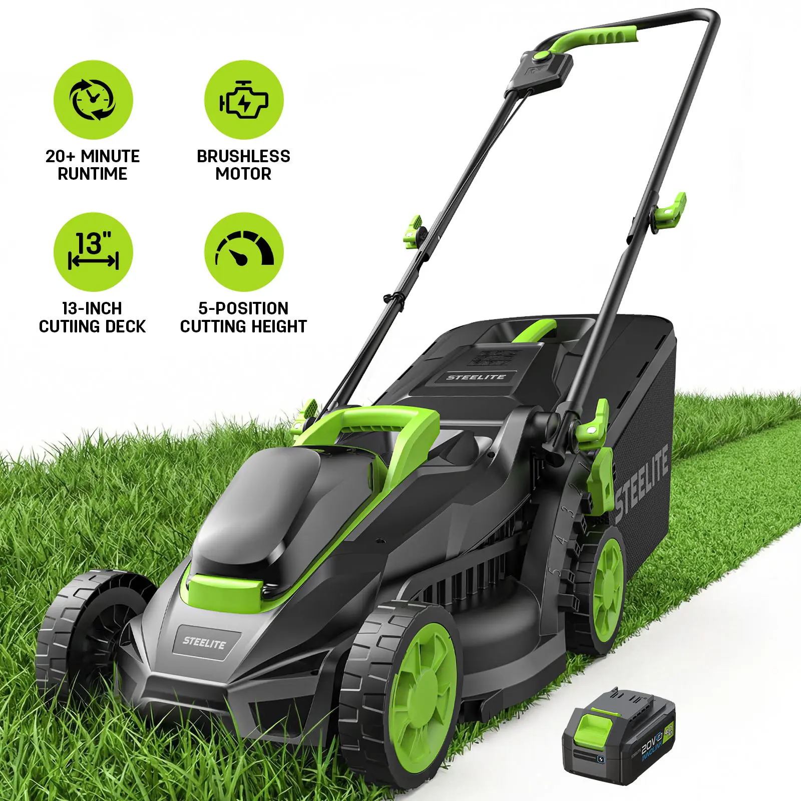 STEELITE 13 Inch Brushless Cordless Lawn Mower - Ultra-Lightweight 20V Electric Push Mower with 4.0Ah Battery and Charger Included, 5-Position Height Adjustable, 3-in-1 Mulching & Bagging, Easy Assembly for Small Urban Lawn, Garden, Yard & Farm