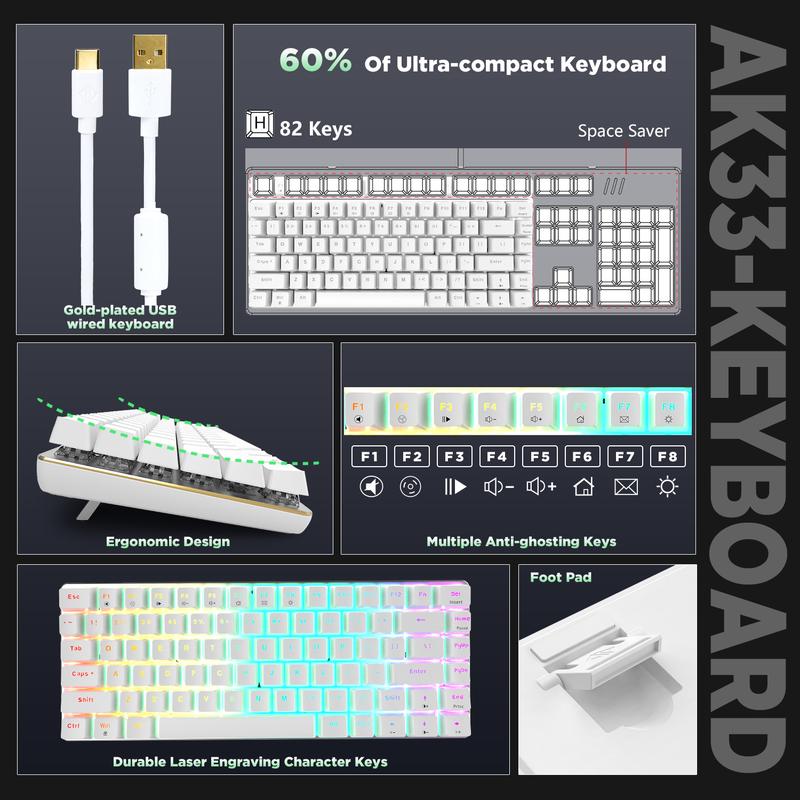 MAMBASNAKE×AJAZZ AK33 80% Mechanical Wired Gaming Keyboard & Mouse Pad, 3 in 1 Bundle with Rainbow LED Backlight, RGB 12000 DPI Honeycomb Case Lightweight Mouse, Large Mouse Pad for PC Gamers