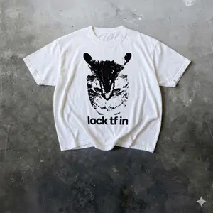 [SALE UP TO 40% ] Lock In Cat Tshirt, Funny Gen Z Meme Shirt, Retro Graphic Y2k Aesthetic T-Shirt, Weird Core Cat Tee