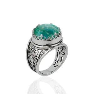 Filigree Art Amazonite Gemstone Women Crown Silver Statement Ring