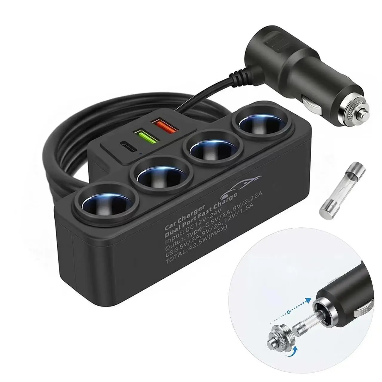 7-in-1 Car Charger, 120W Fast Charging, 4 Cigarette Lighter Outlets, Power Supply for Multiple Devices, Car Power Distributer
