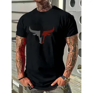 180gMen's Regular Fit Bull Print Round Neck Tee, Casual Short Sleeve Crew Neck T-Shirt for Daily Wear, Men's Top for All Seasons