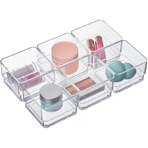 SimpleSort 6-Piece Stackable Clear Drawer Organizer Set | 3" x 3" x 2" Square Trays | Small Makeup Vanity Storage Bins and Office Desk Drawer Dividers | Made in USA
