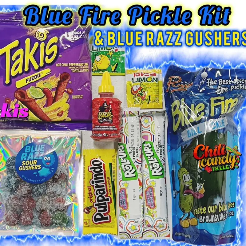 Blue Fire Dill Pickle Kit with Blue Razz Gushers, Liquid Lucas, Pulparindo, Limon7, PicaLimon, Fruit Roll Ups & Takis or Hot Cheetos Snack Chili Candy Kit