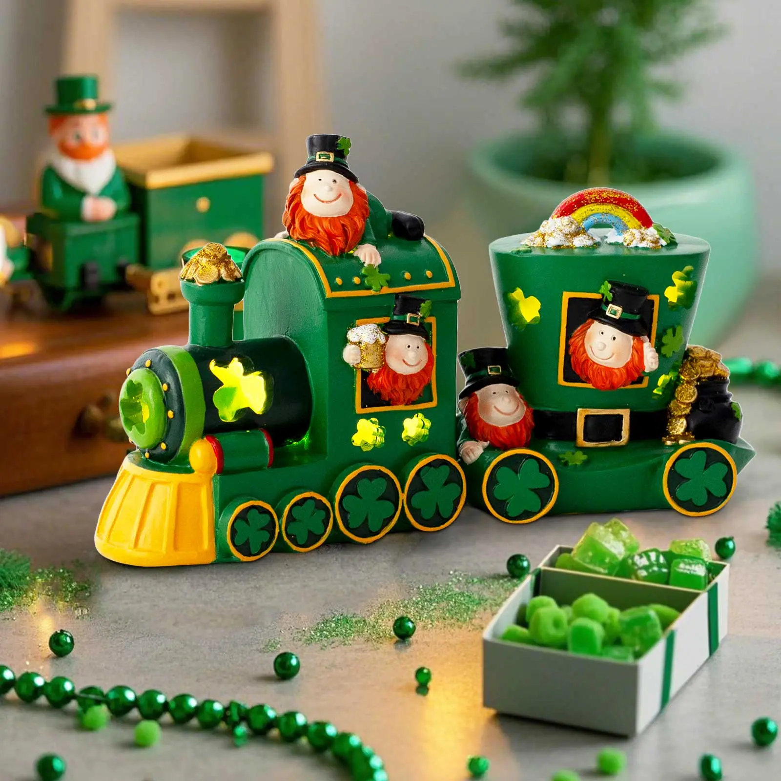 1 Set Light-Up St. Patrick's Day Leprechaun Train, Shamrock & Gold Coin Decoration, Festive Decoration, Party Light, Perfect Holiday Home Decor Ornaments for St. Paddy's Day