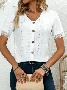 Women's V Neck Lace Button Short Sleeve Top Blouse, Loose Fit Plus Size Hollow Out Knitwear, Casual Summer Vacation Shirt