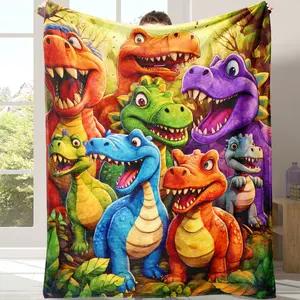 Dinosaur Cartoon Flannel Blanket, Cartoon Pattern Blanket, Soft Warm Throw for Sofa Bed Travel Camping Office Chair, Lightweight Home Decor Gift