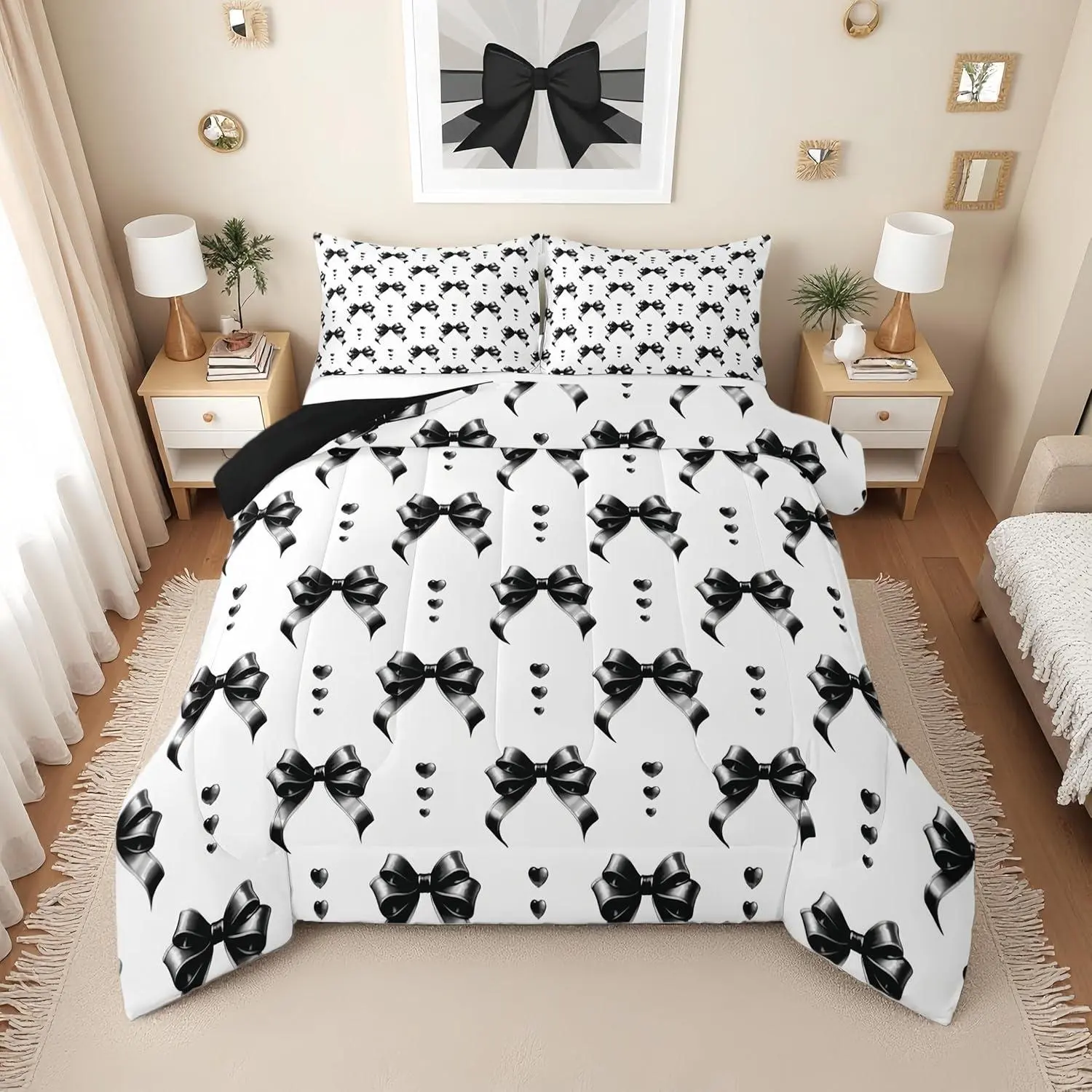 Girls Black Bow Bedding Set,| Cute Coquette Bowknot Comforter Set for Kids,Princess Black Ribbon Bow Tie Quilt,Kawaii Preppy Bows Bedroom Decor