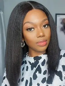 18 Inch Kinky Straight Bob Wig for Women, Middle Part Shoulder Length, Synthetic Glueless Wig, Short Yaki Straight for Daily Party, Glueless Bob Wigs