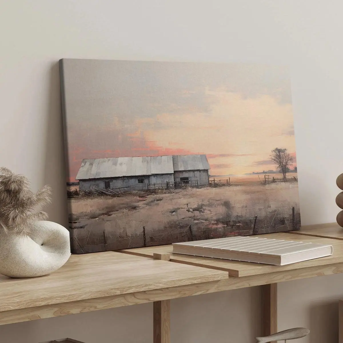 Country Barn Sunset Print, Wooden Framed Canvas, Wall Art for Home Living Room Bedroom Office, Ideal Gift, Decor