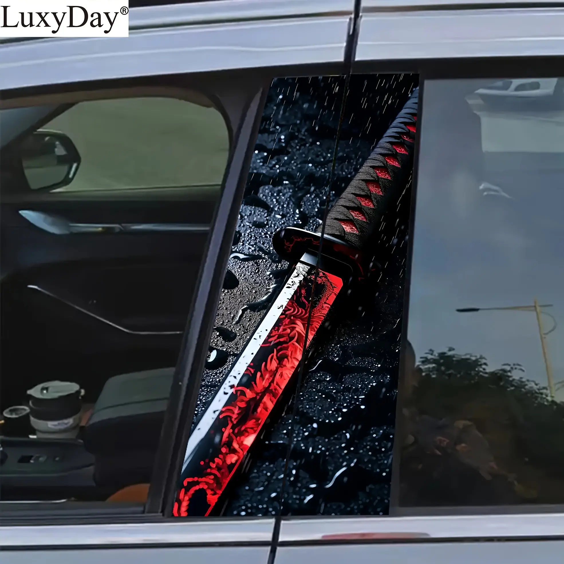 2 pieces samurai sword car B-pillar sticker, Car decals, vinyl, scratch-resistant waterproof, matte, easy to tear and stick, movie weapon, suitable for cars, trucks, plastic metal surfaces, car exterior accessories