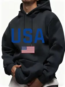 Light Usa Letter American Flag Print Hoodie, Vintage Loose Kangaroo Pocket Sweatshirt, Casual Long Sleeve All Seasons