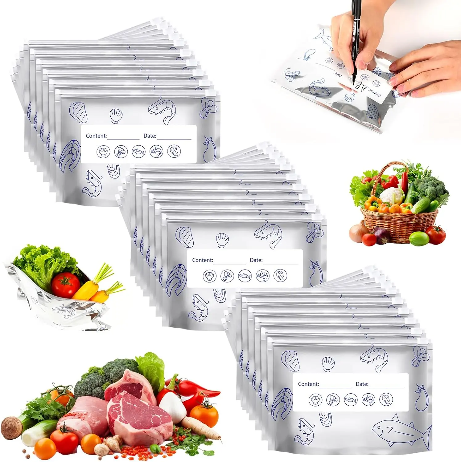 Reusable Aluminum Foil Vacuum Storage Bags 30PCS | 2026 Resealable Zip Lock Stand-Up Pouches | Food Freshness Saver for Meat Veggies Fruit | Labels Included