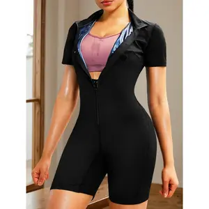 Women's Plain Zip Up Mock Neck Shapewear Romper, One-piece Tummy Control Short Sleeve Shaper, Ladies Sauna Shapewear for Summer Blue Casual