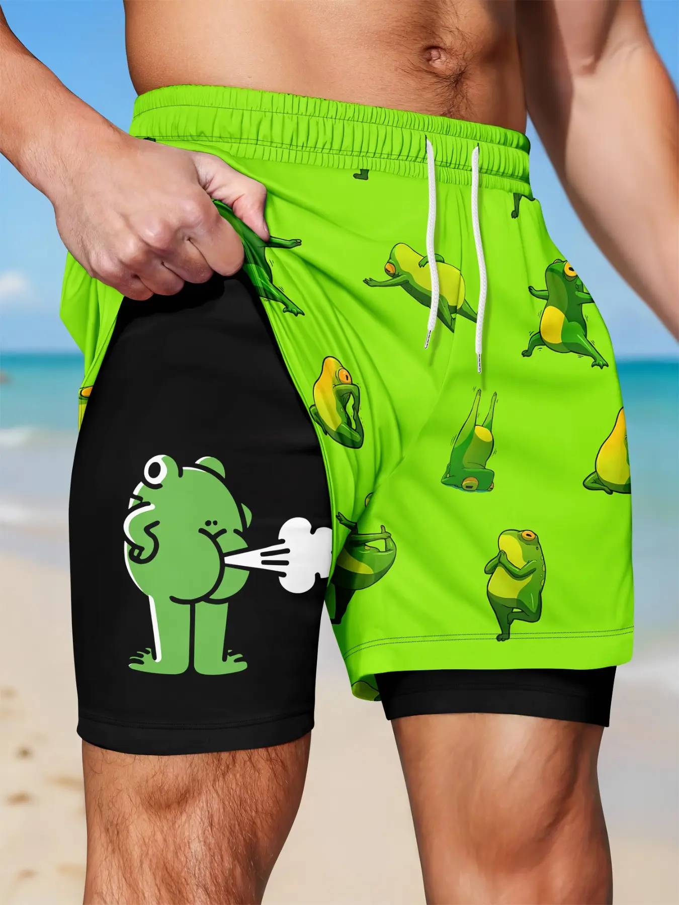 Men's Double-Layer Frog Print Baggy Shorts, Quick-Dry Anti-See-Through Lining, Drawstring Waist, Summer Beach Fitness Shorts, Casual Sports Shorts, Cartoon Graphic Shorts, Comfy Summer Shorts