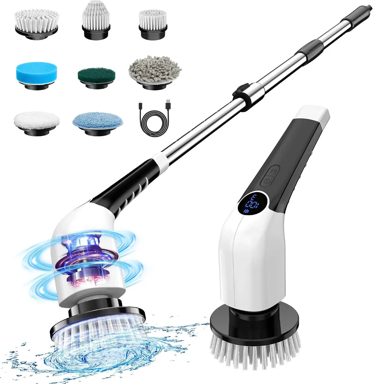 Keimi Electric Spin Scrubber, 2025 New Cordless Shower Cleaning Brush with 8 Replaceable Brush Heads, 3 Adjustable Speeds, and Adjustable Extension Handle for Bathroom Floor Tile