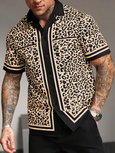 Men's Casual Leopard Print Colorblock Collared Front Button Short Sleeve Shirt, Summer Fashion, Comfortable and Stylish, Perfect for Daily Wear
