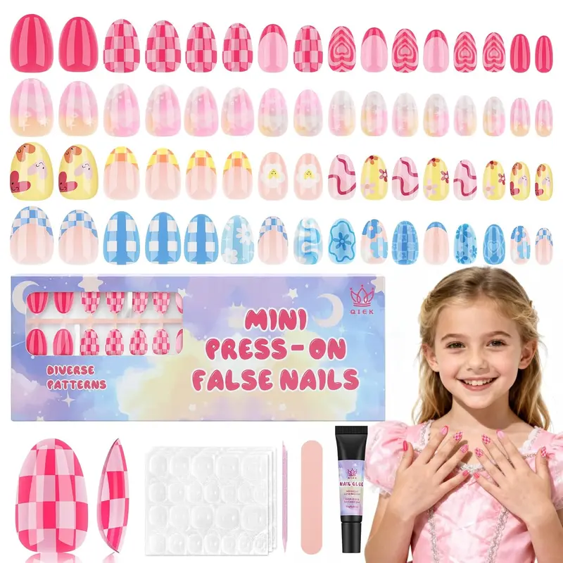 16 Sizes 128 Pieces Press on Nails for Kids, 4 pack Kids Nail Kit Colorful Flower Almond Fake Nail Tips for Girls 8-12 Years Old with Jelly Nail Adhesives & Nail Glue Birthday Holiday Gifts Safe Instant Joy