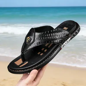 Men's Sport Flip Flops PU Leather Croc-Texture T-Strap EVA Midsole All-Terrain Traction Breathable Lightweight Non-Slip Sole Walking Shoes for Summer Boy Footwear - Nail Soft Chef Dance