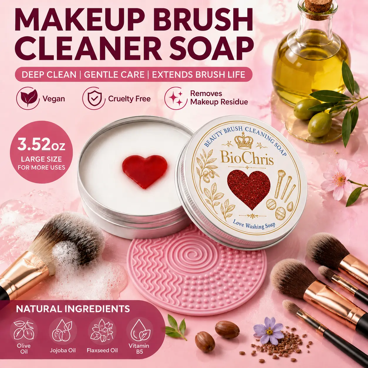 BioChris  Makeup Brush Cleansing Heart Shaped Soap Solid Makeup Brush Cleanser Includes Color Removing Sponge and Silicone Cleaning Pad Effectively Removes Eyeshadow and Makeup Residue Flawless Fluffy