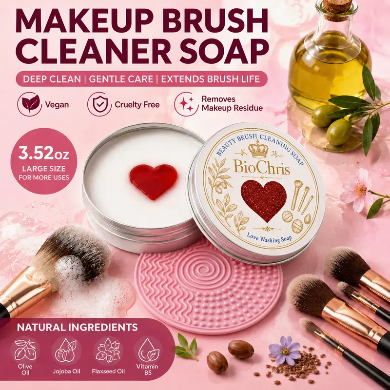 BioChris  Makeup Tools Soap FOR Cosmetic Brush Cleaner Soap with Jojoba Oil & Flaxseed Oil, Color-Removing Sponge & Silicone Pad, Effectively Removes Eyeshadow Residue for Flawless Fluffy Brushes, Vitamin B5 Care, Solid Bar