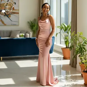Elegant Blush Satin Maxi Dress – Luxury African Wedding Guest Gown for Women (Blush Radiance)