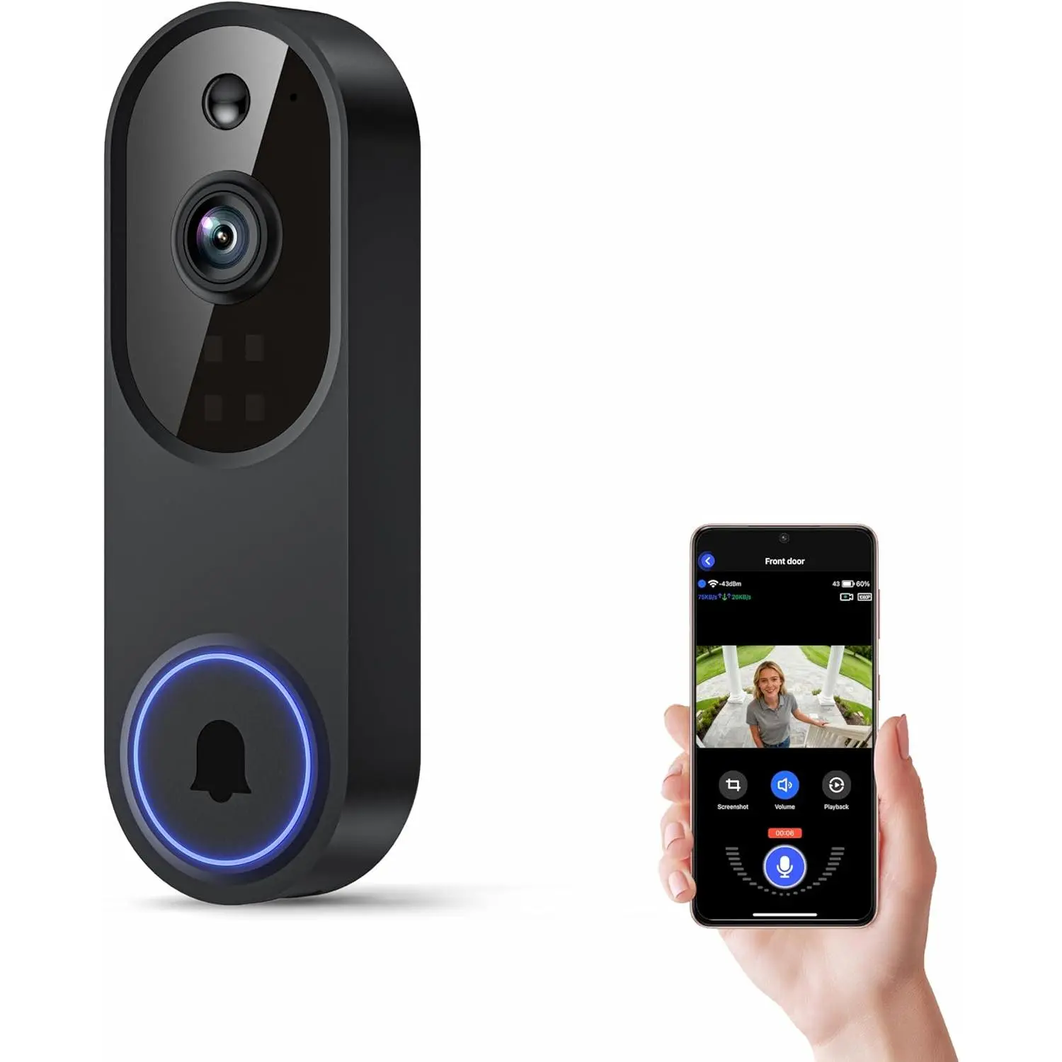 Wireless Wi-Fi Video Doorbell Camera with Two Way Audio, AI Motion Detection, Night Vision and Cloud Storage, 2.4G Wi-Fi only (Black-NoChime)
