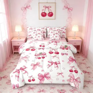 7 Pieces Bowknot Comforter Set,Cute Bow Cherry Bedding Set,Fuchsia Bow Ties Bed in a Bag with Comforter,Fitted Sheet,Flat Sheet and Pillowcases,Kids Girls Princess Room Decor