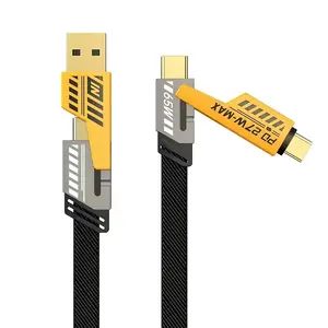 4-in-1 USB-C Cable, PD 65W Fast Charging Cable & Data Sync,Flat Braided Charger Cord with Type C/USB A for Laptop iPhone iPad MacBook Samsung ect-5ft