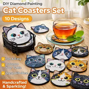 10PCs Diamond Painting Coasters Set – Cat Theme Diamond Art Coasters Kit for Adults Beginners, DIY Arts and Crafts Square Dots Painting Kit for Home Activity, Birthday Gift for Women Men