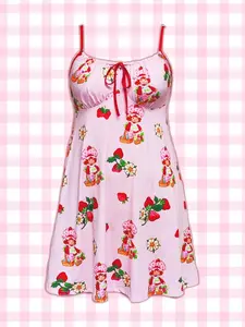 Strawberry Shortcake Plus Size Cami Sleep Dress Y2K Cute Strawberry Print Tie Front Pajamas for Women Summer Nightdress S-4XL