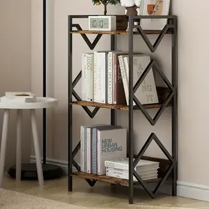 [Modern Minimalist Bookshelf] 3-Tier Modern Minimalist Black Metal Bookshelf with Wood Accents - Space-Saving Design for Office, Living Room, Bedroom - Holds Books, Plants, and Decor - Sturdy Support & Easy Assembly